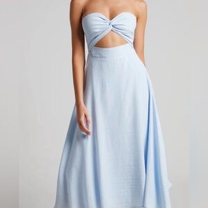 Showpo Avie Twist Front Strapless Cocktail Midi Dress Baby Blue Size 10 New
